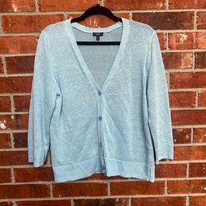 Talbots Womens Large Linen Blue Crochet Vneck Cardigan